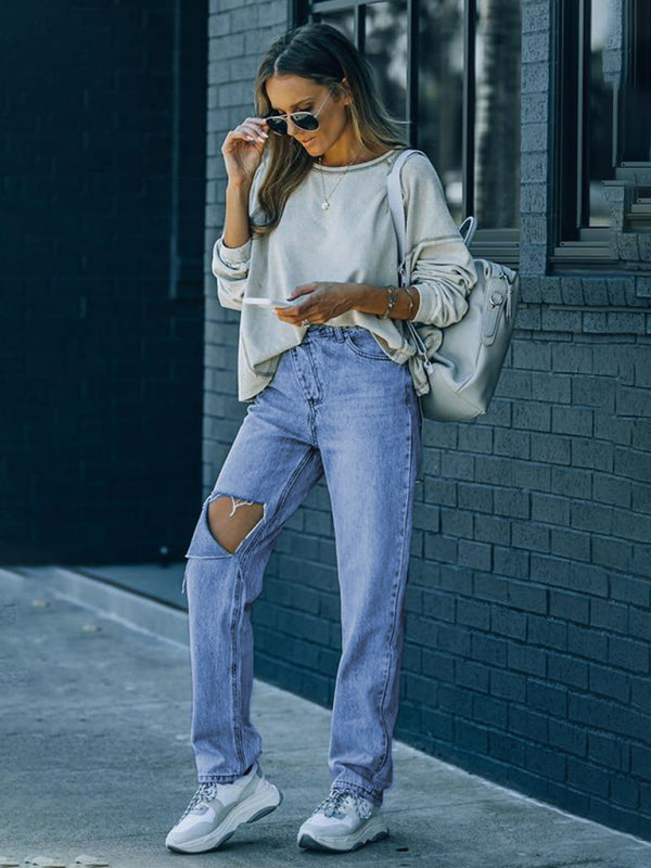 Kadın Düzensiz Yırtık Denim Pantolon