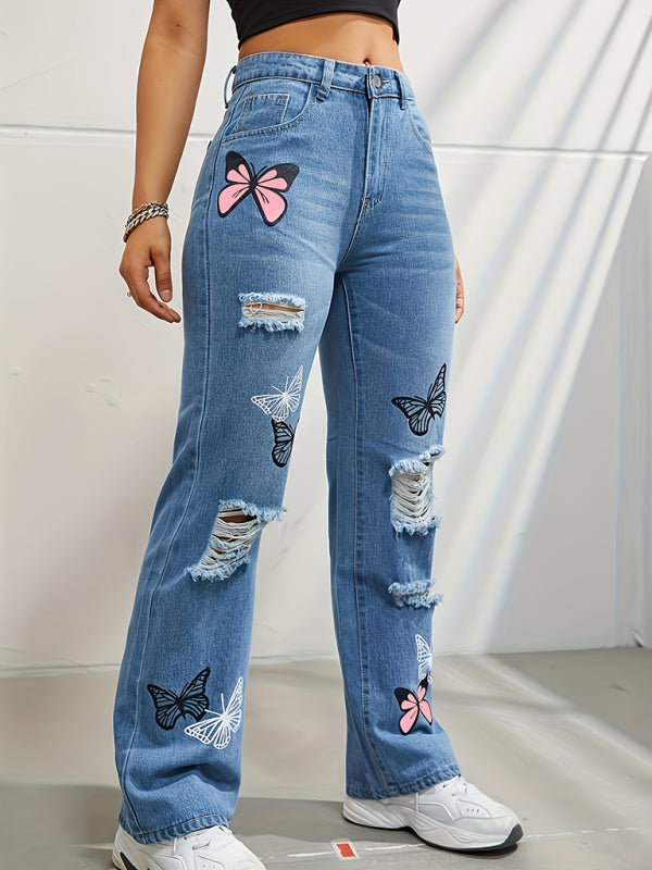 Kelebek Desenli Yüksek Bel Yırtık Jean Pantolon